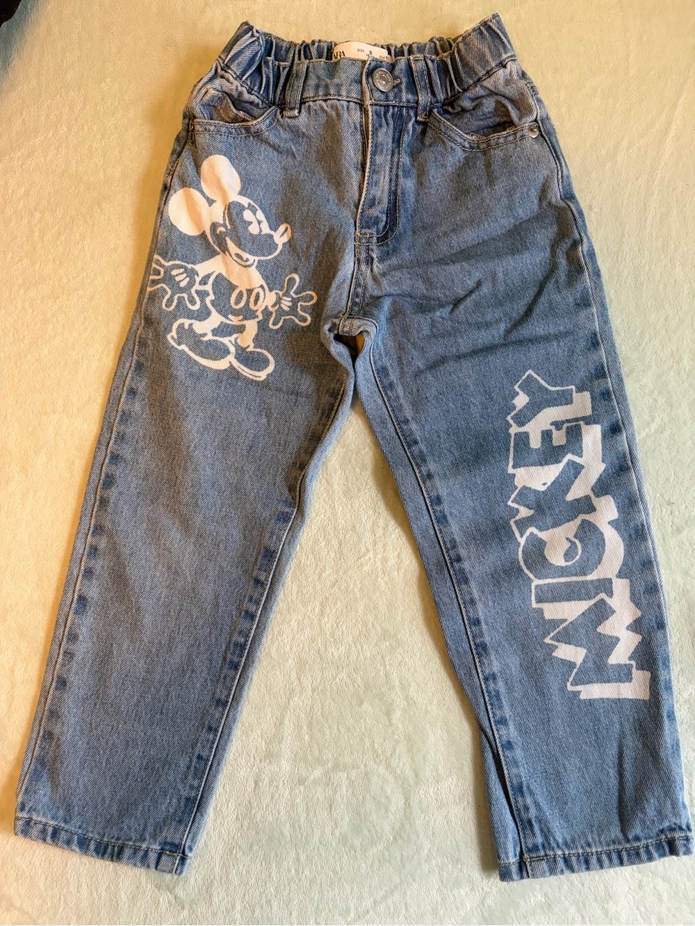 ZARA Mickey Mouse Kids Slim Straight Light Blue Jeans with White Graphic